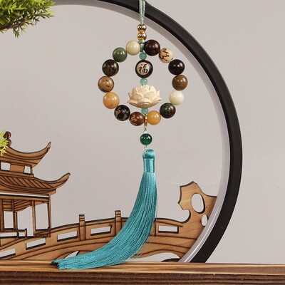 Oglindă retrovizoare Bodhi sculptată în lemn, pandantiv Bodhi, mărgele clasice, Statuie de lotus, pandantiv pentru mașină, Fengshui, Decor norocos