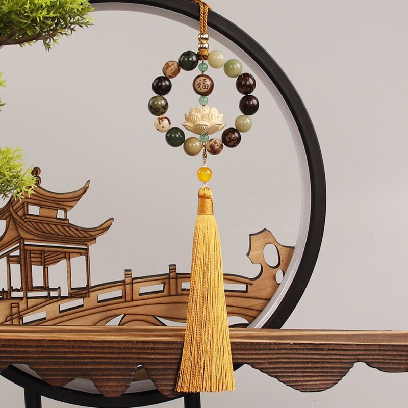 Oglindă retrovizoare Bodhi sculptată în lemn, pandantiv Bodhi, mărgele clasice, Statuie de lotus, pandantiv pentru mașină, Fengshui, Decor norocos