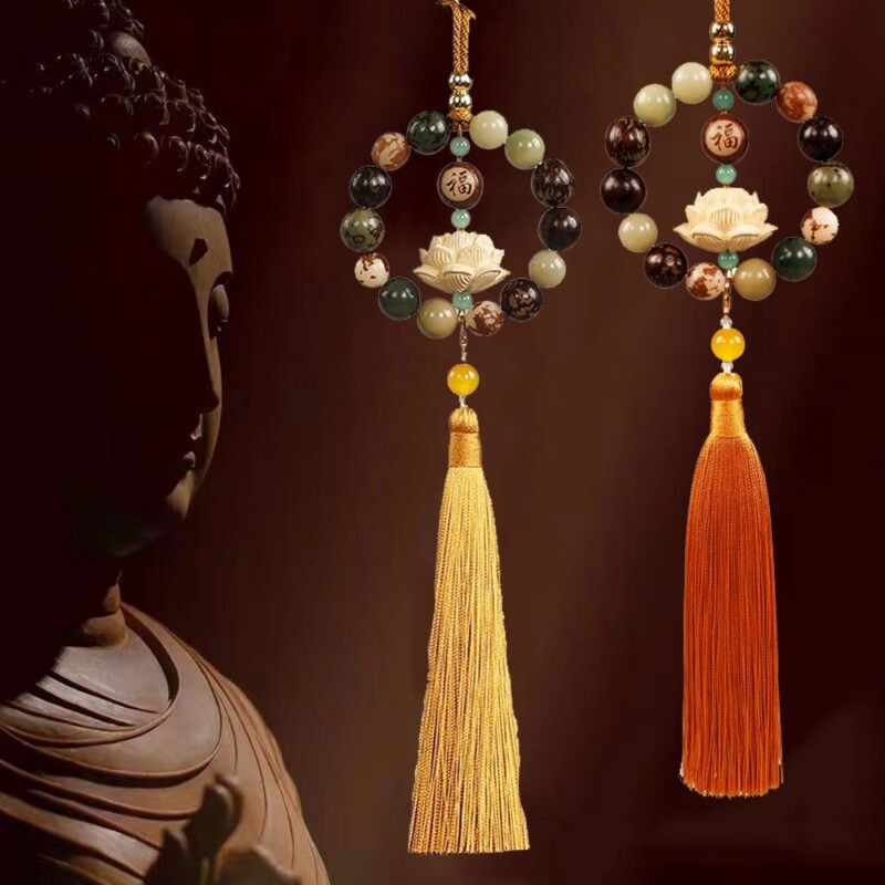 Oglindă retrovizoare Bodhi sculptată în lemn, pandantiv Bodhi, mărgele clasice, Statuie de lotus, pandantiv pentru mașină, Fengshui, Decor norocos