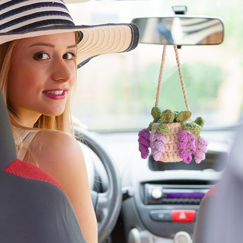 NAUJIENA 2024 m. Automobilių pakabukų augalas Gėlės Automobilio apdaila Galinio vaizdo veidrodžio apdaila Rankomis nertas kabliuku austas vazoninis augalas, pakabinamas