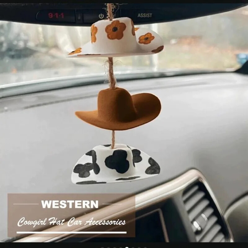 Pălărie de cowboy Decorare mașină Decorație oglindă retrovizoare la țară Decorare mașină Decorații drăguț pentru mini pălărie din pâslă realizate manual Pandantiv