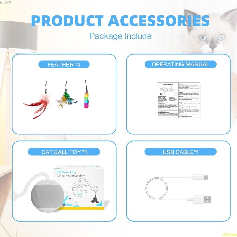 ATUBAN kačių žaislai, automatinis kačių žaislų kamuoliukas, interaktyvūs kačių žaislai kambarinėms katėms, elektriniai kačių žaislai patalpose 2 režimų kačių kamuoliukų dovanos
