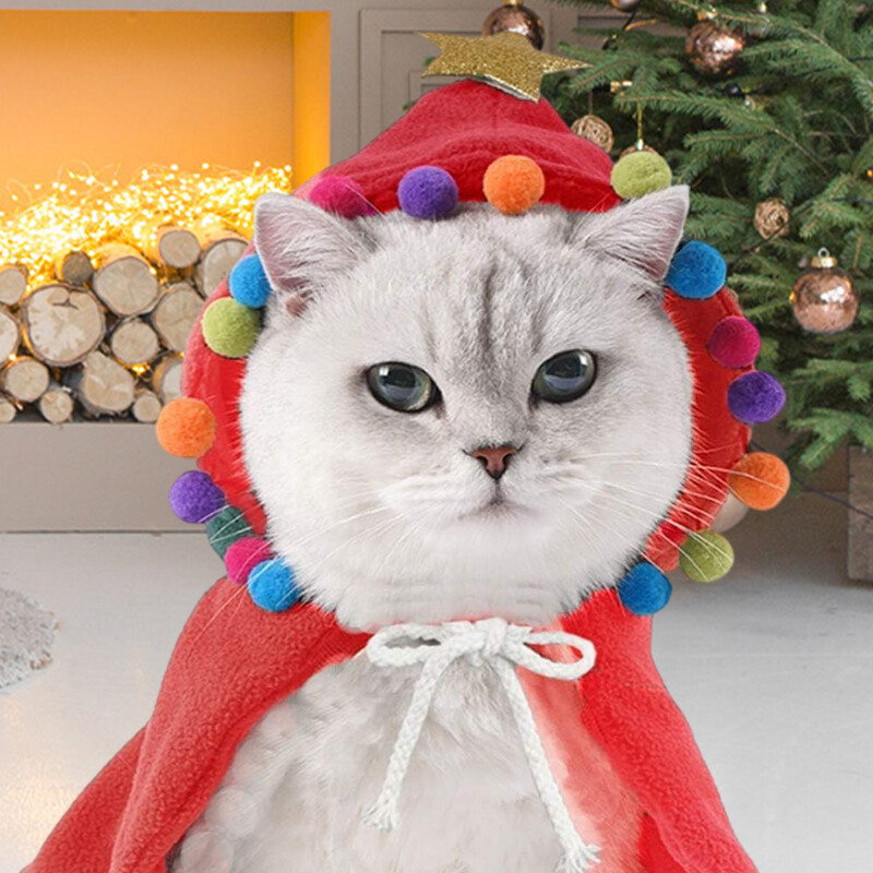Costum de mantie de pisică de Crăciun Haine de Crăciun pentru animale de companie cu stea și pompoane Costum de pisică de Crăciun Pălărie de Moș Crăciun pentru câini mici și pisici Pisicuță