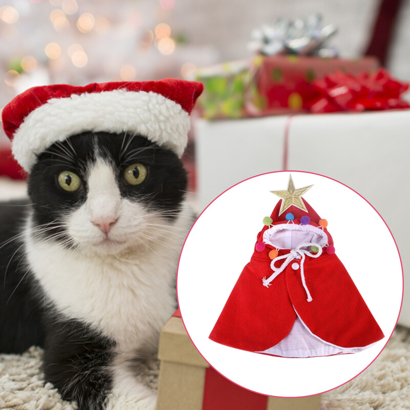 Costum de mantie de pisică de Crăciun Haine de Crăciun pentru animale de companie cu stea și pompoane Costum de pisică de Crăciun Pălărie de Moș Crăciun pentru câini mici și pisici Pisicuță