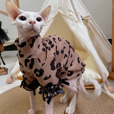 Jachetă moale de cafea pentru pisica Sphnx, iarnă, primăvară, haină dulce din dantelă de bumbac leopard, pentru câinii mici Devon Rex, pijama caldă pentru pisici