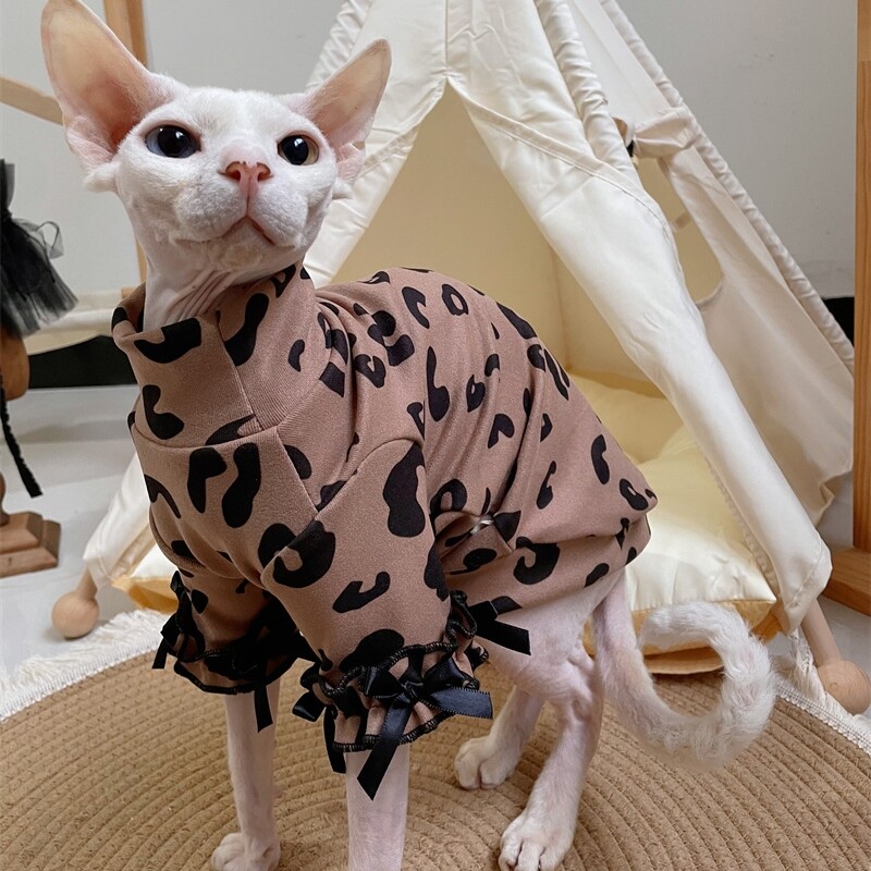 Jachetă moale de cafea pentru pisica Sphnx, iarnă, primăvară, haină dulce din dantelă de bumbac leopard, pentru câinii mici Devon Rex, pijama caldă pentru pisici