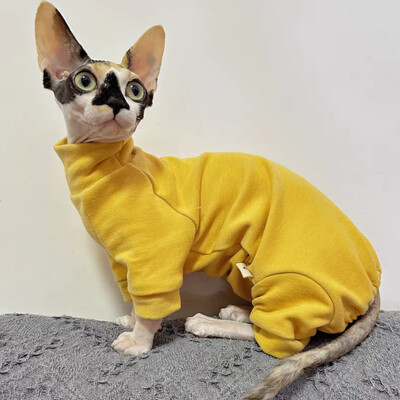 Ζεστό παλτό fleece για Sphynx Cat Ανοιξιάτικη φόρμα με 4 πόδια για γατάκια Κίτρινη μπλούζα με ψηλό λαιμό για Devon Rex τον χειμώνα