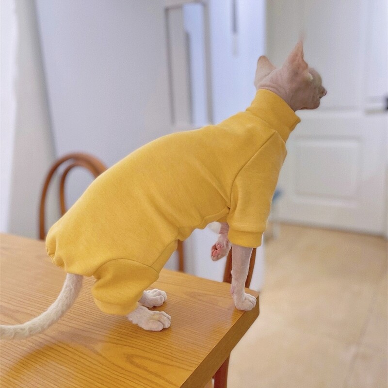 Šiltas vilnonis paltas Sfinkso katėms Pavasarinis Minkštas 4 kojų kombinezonas kačiukams Geltonas megztinis aukštu kaklu, skirtas Devon Rex žiemą