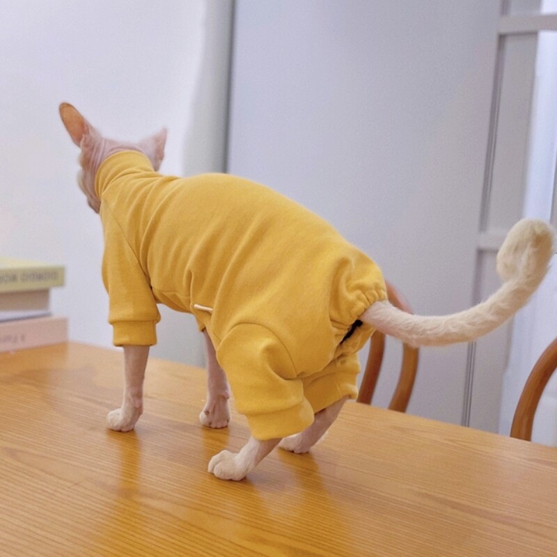 Šiltas vilnonis paltas Sfinkso katėms Pavasarinis Minkštas 4 kojų kombinezonas kačiukams Geltonas megztinis aukštu kaklu, skirtas Devon Rex žiemą