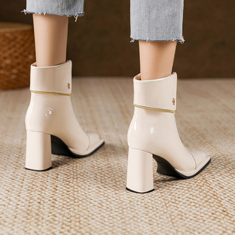 Modes sieviešu zābaki, populāri rudens jauni sieviešu īsi zābaki ar biezu papēdi, Martin britu stila priekšējais rāvējslēdzējs ikdienas sieviešu zābaki