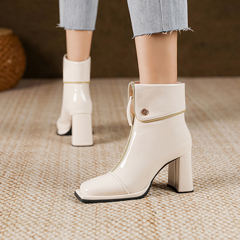 Modes sieviešu zābaki, populāri rudens jauni sieviešu īsi zābaki ar biezu papēdi, Martin britu stila priekšējais rāvējslēdzējs ikdienas sieviešu zābaki