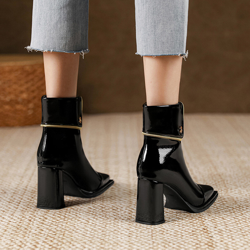 Modes sieviešu zābaki, populāri rudens jauni sieviešu īsi zābaki ar biezu papēdi, Martin britu stila priekšējais rāvējslēdzējs ikdienas sieviešu zābaki