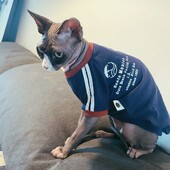 Madingi medvilniniai marškinėliai kačių pavasariui japonietiško stiliaus mėlyni ilgomis rankovėmis raidžių megztiniai sfinkso katės Devon Rex kombinezonas