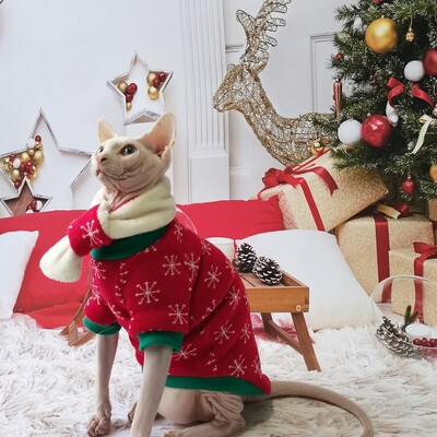 Nauji kalėdiniai sniego kostiumo rūbai Sphynx Cat Šiltas megztinis beplaukėms katėms Žieminės vilnos striukė Devon Rex Pet Product