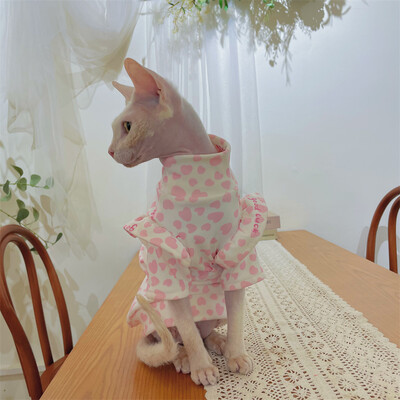 Pavasarinė rožinė suknelė Sfinkso katėms Medvilniniai nėriniai Rankovės Sijonas beplaukėms katėms Drabužiai Minkšti Saldūs meilės marškinėliai kačiukams vasarą