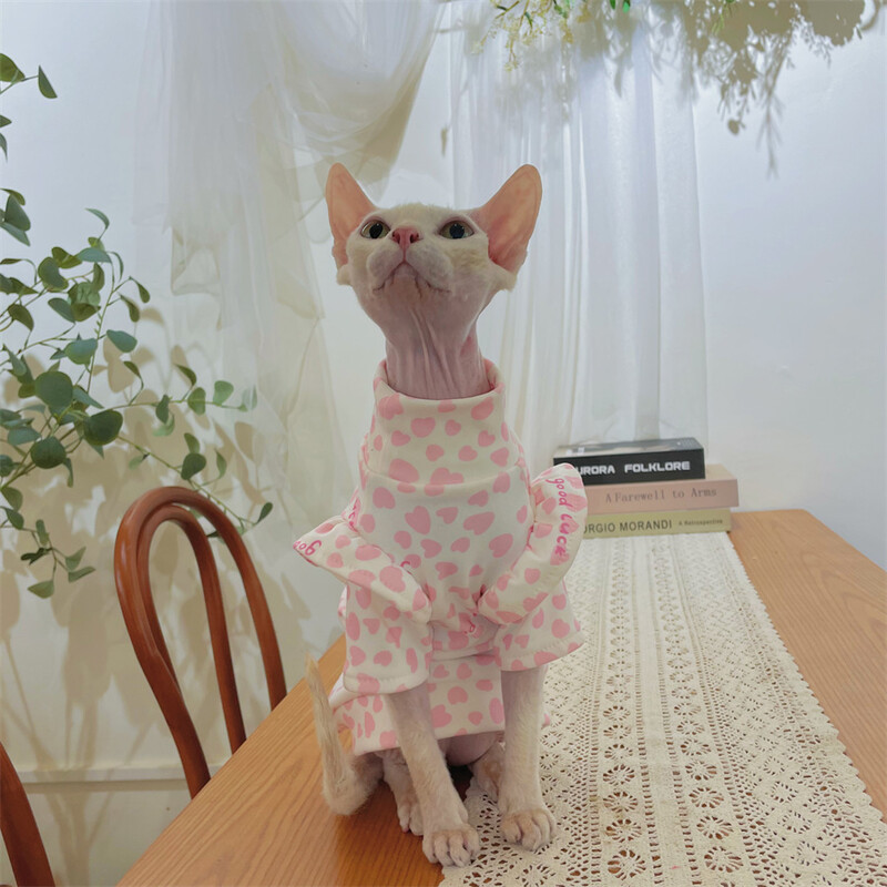 Pavasarinė rožinė suknelė Sfinkso katėms Medvilniniai nėriniai Rankovės Sijonas beplaukėms katėms Drabužiai Minkšti Saldūs meilės marškinėliai kačiukams vasarą