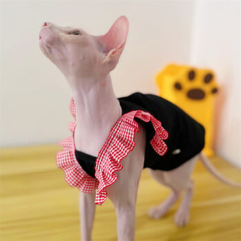 Καλοκαιρινό βαμβακερό φόρεμα για Sphynx Cat Red Flying Sleeves Γιλέκο για Θηλυκή γάτα Μαύρο μαλακό πουκάμισο για γατάκια Loungewear για Devon Rex