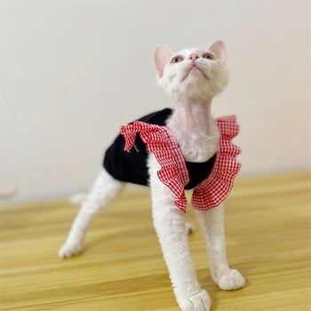 Καλοκαιρινό βαμβακερό φόρεμα για Sphynx Cat Red Flying Sleeves Γιλέκο για Θηλυκή γάτα Μαύρο μαλακό πουκάμισο για γατάκια Loungewear για Devon Rex