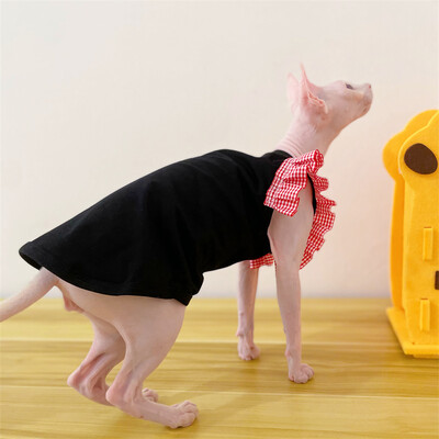 Rochie de vară din bumbac pentru pisica Sphynx Vestă roșie cu mâneci zburătoare pentru femeie pisică Cămașă moale neagră pentru pisici Îmbrăcăminte de lounge pentru Devon Rex