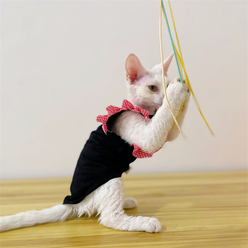 Rochie de vară din bumbac pentru pisica Sphynx Vestă roșie cu mâneci zburătoare pentru femeie pisică Cămașă moale neagră pentru pisici Îmbrăcăminte de lounge pentru Devon Rex