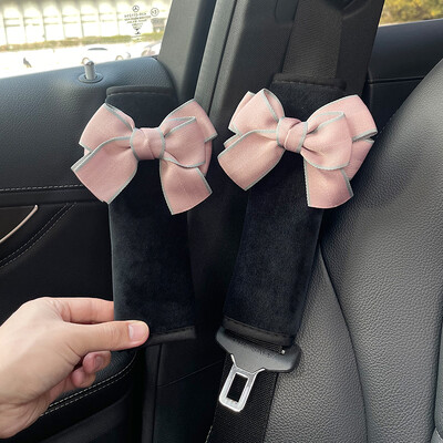 2 bucăți drăguțe femei bowknot moale pluș centură de siguranță pentru mașină husă catifea auto centură de siguranță cureaua de umăr ham pernă tampoane de protecție