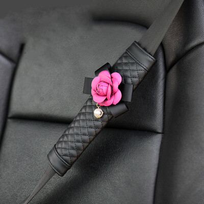 2vnt Camellia Flower Automobilio saugos saugos diržo užvalkalas Pu Odinis pečių kilimėlis Automobilio stiliaus saugos diržo užvalkalas Automobilių priedai moterims