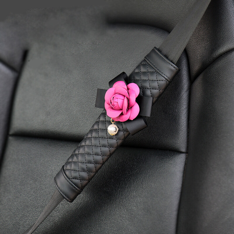 2vnt Camellia Flower Automobilio saugos saugos diržo užvalkalas Pu Odinis pečių kilimėlis Automobilio stiliaus saugos diržo užvalkalas Automobilių priedai moterims