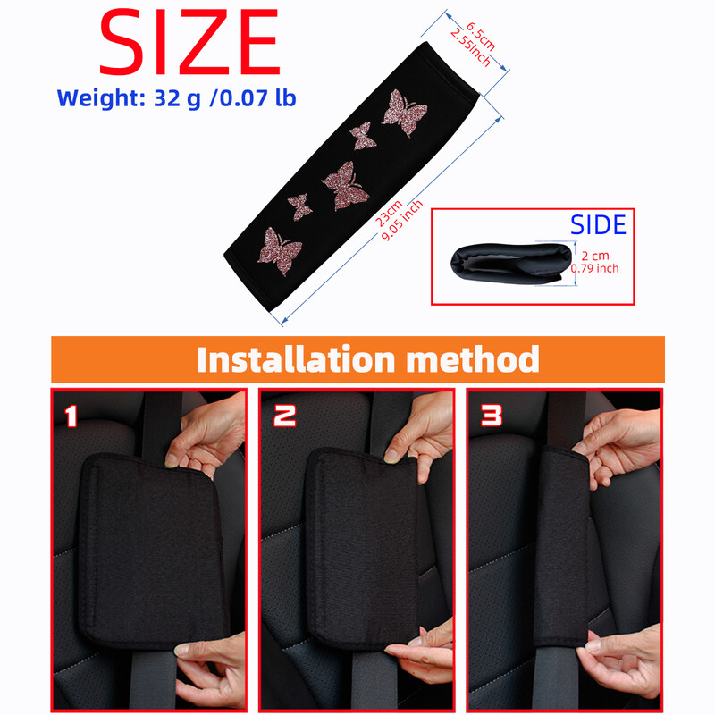 1 Blizgantis rožinis drugelis Blingling audinys automobiliams skirtos saugos diržo pečių apdangalas Patogus nesiveržiantis saugos diržas