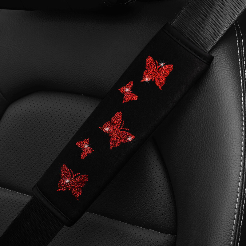 1 Blizgantis rožinis drugelis Blingling audinys automobiliams skirtos saugos diržo pečių apdangalas Patogus nesiveržiantis saugos diržas