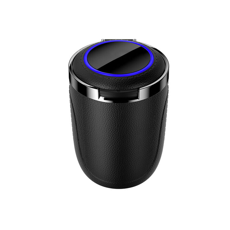 PU ādas automašīnas pelnu trauks ar vāku un smaržu necaurlaidīgu nerūsējošā tērauda zilu LED pārnēsājamu pelnu trauka kausu auto ugunsdrošam apvalkam