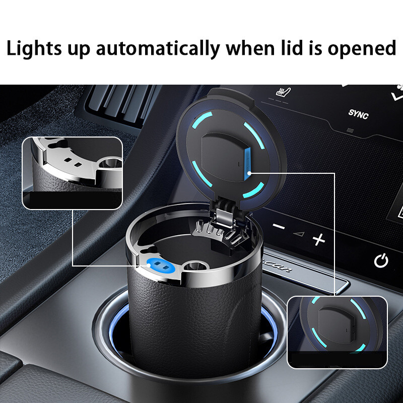 PU ādas automašīnas pelnu trauks ar vāku un smaržu necaurlaidīgu nerūsējošā tērauda zilu LED pārnēsājamu pelnu trauka kausu auto ugunsdrošam apvalkam