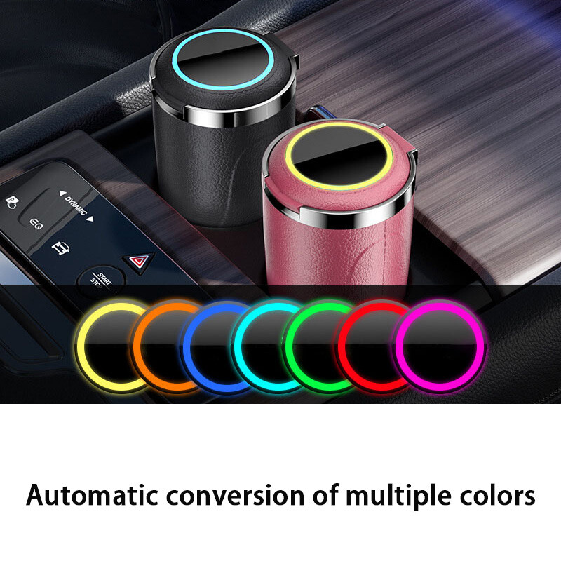 PU ādas automašīnas pelnu trauks ar vāku un smaržu necaurlaidīgu nerūsējošā tērauda zilu LED pārnēsājamu pelnu trauka kausu auto ugunsdrošam apvalkam