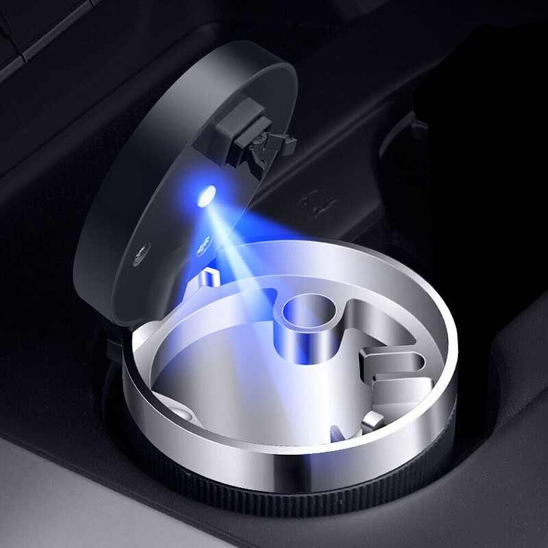 Prijenosna pepeljara za automobil s poklopcem, nehrđajući čelik protiv mirisa, plava LED čaša za pepeljaru