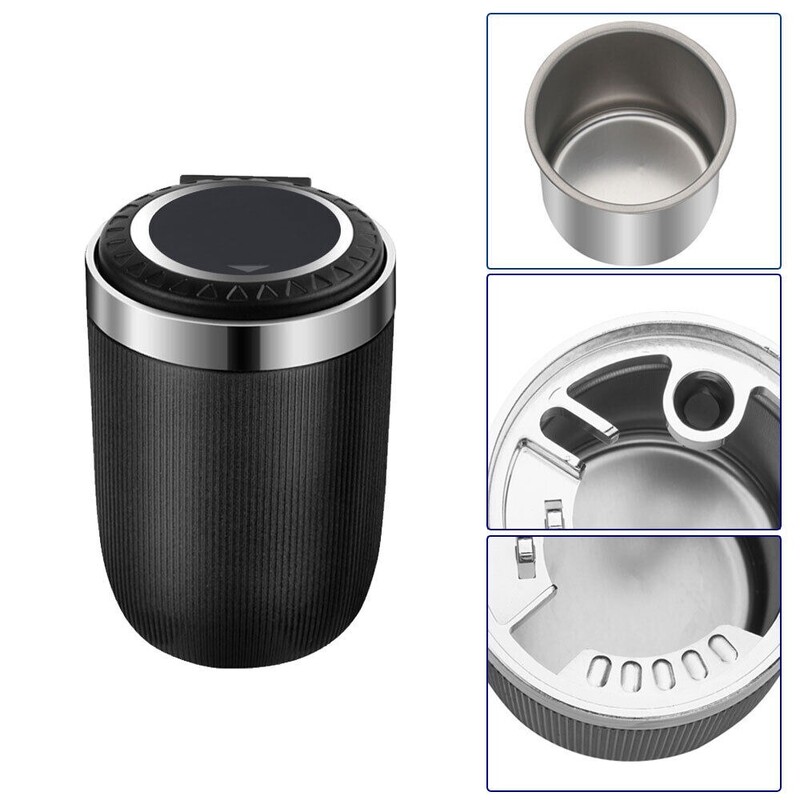 Prijenosna pepeljara za automobil s poklopcem, nehrđajući čelik protiv mirisa, plava LED čaša za pepeljaru