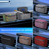 Scrumieră pentru mașină din cristal cu diamante, portabilă, cu priză de aerisire automată, tavă de scrumiere cu capac, agățată, accesorii decorative pentru mașină, pentru femei