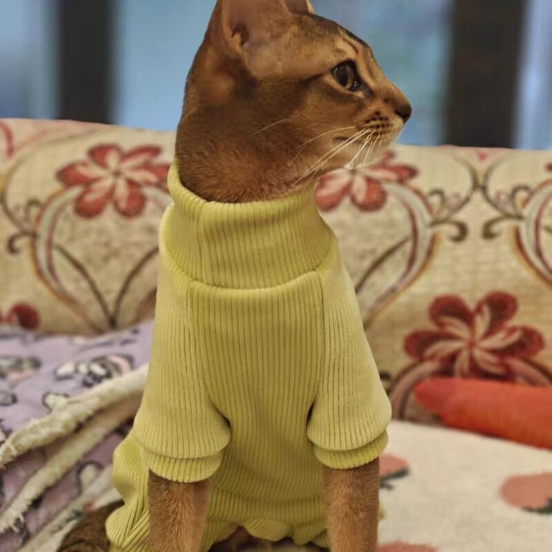 Pulover din lână caldă pentru pisică Palton de iarnă cu 4 picioare pentru pisica Sphynx Pulover galben pentru pisoi Câini Îmbrăcăminte moale pentru Devon Rex