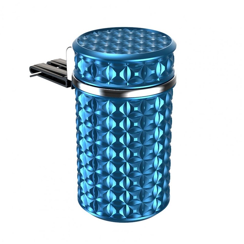 Scrumieră de mașină din oțel inoxidabil cu capac inodor Lumină LED albastră Mini coș de gunoi Suport pentru pahare portabil cu auto-stingere pentru călătorii