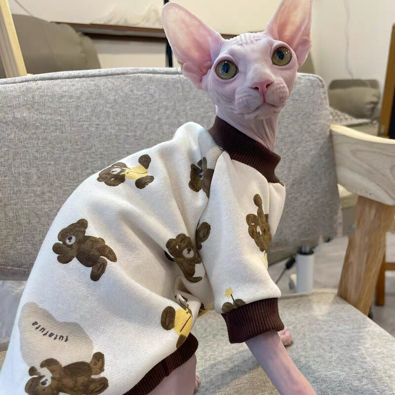 Hanorac din bumbac polar cu urs de desene animate pentru pisică Îmbrăcăminte caldă cu 4 picioare pentru pisica Sphynx în primăvară, toamnă, jachetă moale pentru pisoi