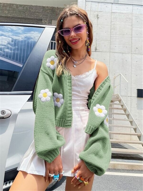 Tarpvalstybiniai europietiški ir amerikietiški drabužiai rudeninis naujas mielas gėlių rašto megztinis megztinis platus trumpas megztas moteriškas megztinis