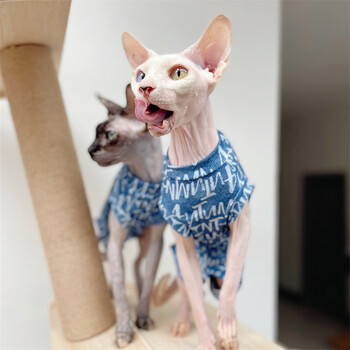 Λεπτή βαμβακερή πιτζάμες για Sphynx Cat Summer Cool υφασμάτινο γιλέκο με 4 πόδια για γατάκια Απαλό μπλε αμάνικο μπλουζάκι για Devon Rex