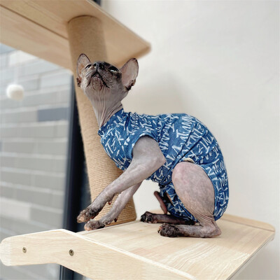 Plānas kokvilnas pidžamas kaķim Sphynx Cat Summer Cool Fabric 4 kāju veste kaķēniem Mīksts zils bezpiedurkņu T-krekls Devon Rex