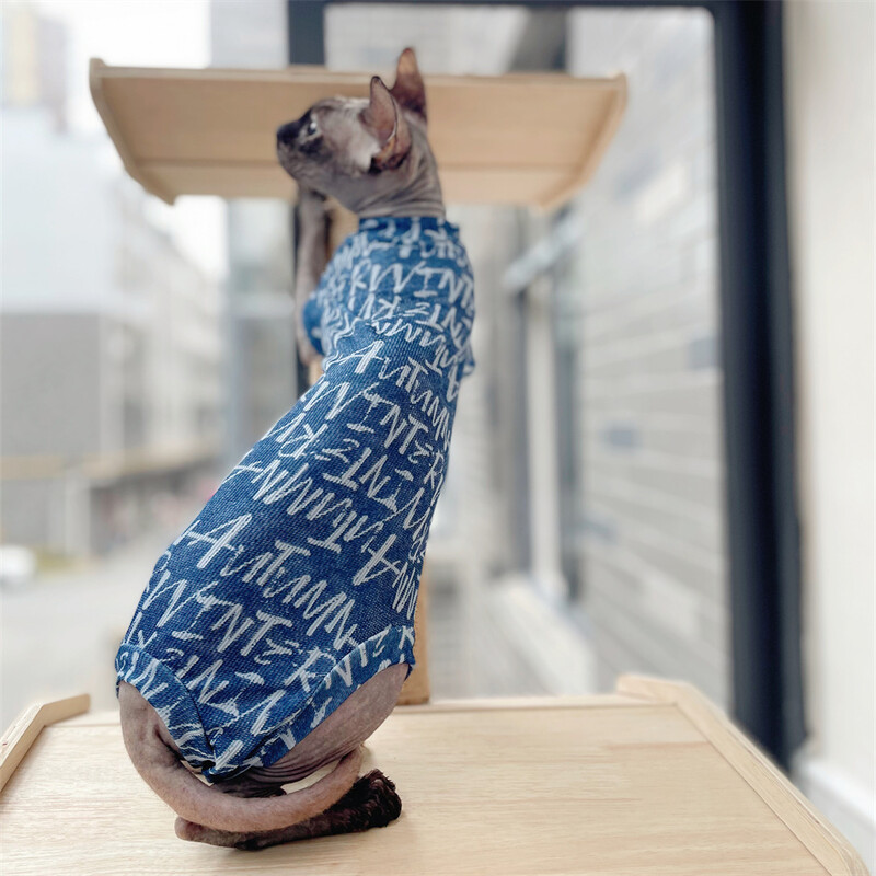Plānas kokvilnas pidžamas kaķim Sphynx Cat Summer Cool Fabric 4 kāju veste kaķēniem Mīksts zils bezpiedurkņu T-krekls Devon Rex