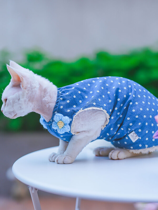 Rochie de flori albastră din bumbac pentru pisică Sphynx Cămașă moale fără mâneci pentru pisici de sex feminin Fusta cu vestă dulce pentru pisici Devon Rex