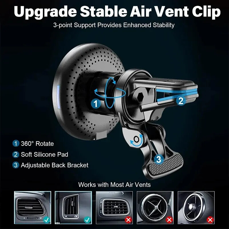 Suport magnetic pentru încărcător fără fir de mașină pentru iPhone 12 13 14 15 Pro Max Mini aerisire Suport telefon auto Suport de încărcare rapidă