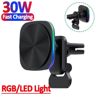 RGB magnētiskais automašīnas tālruņa turētāja statīvs 30 W bezvadu lādētāja automašīnas stiprinājums iPhone 14 13 12 Pro Max automašīnas ātrās uzlādes stacijai Macsafe