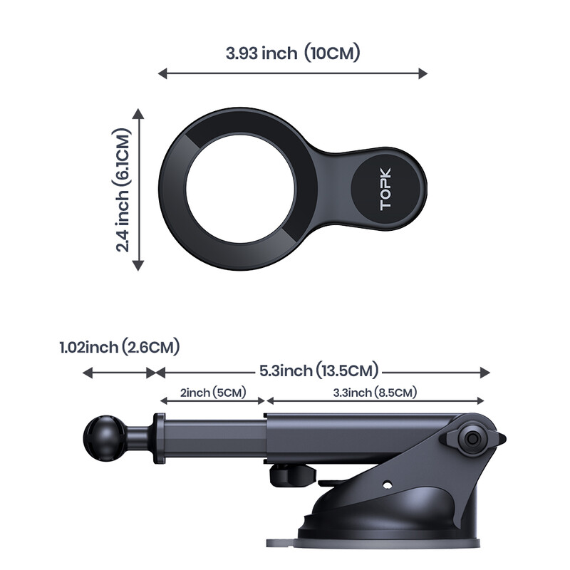 Suport magnetic pentru mașină TOPK D53X, design Mag-Safe, instalare ușoară pentru bord/parbriz, se potrivește iPhone 12/13/14/15/16