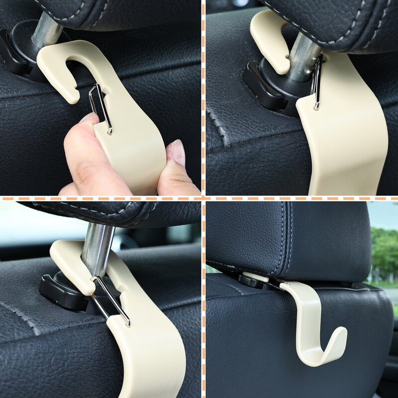 Automobilinės sėdynės galvos atramos kablys su metaliniu skląsčiu laikymo kabykla rankinei, piniginei, paltai