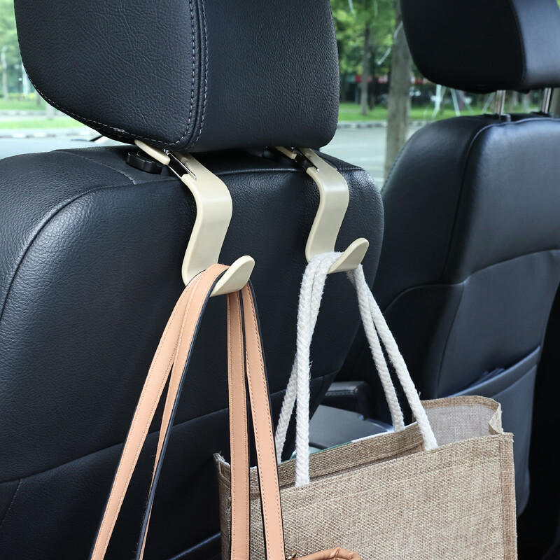 Automobilinės sėdynės galvos atramos kablys su metaliniu skląsčiu laikymo kabykla rankinei, piniginei, paltai