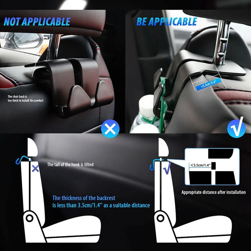 1/2 buc. cârlig pentru tetiera scaun auto, pachet de 4 umerașe, organizator de depozitare universal pentru geantă de mână geantă se potrivește universal pentru vehicule negru