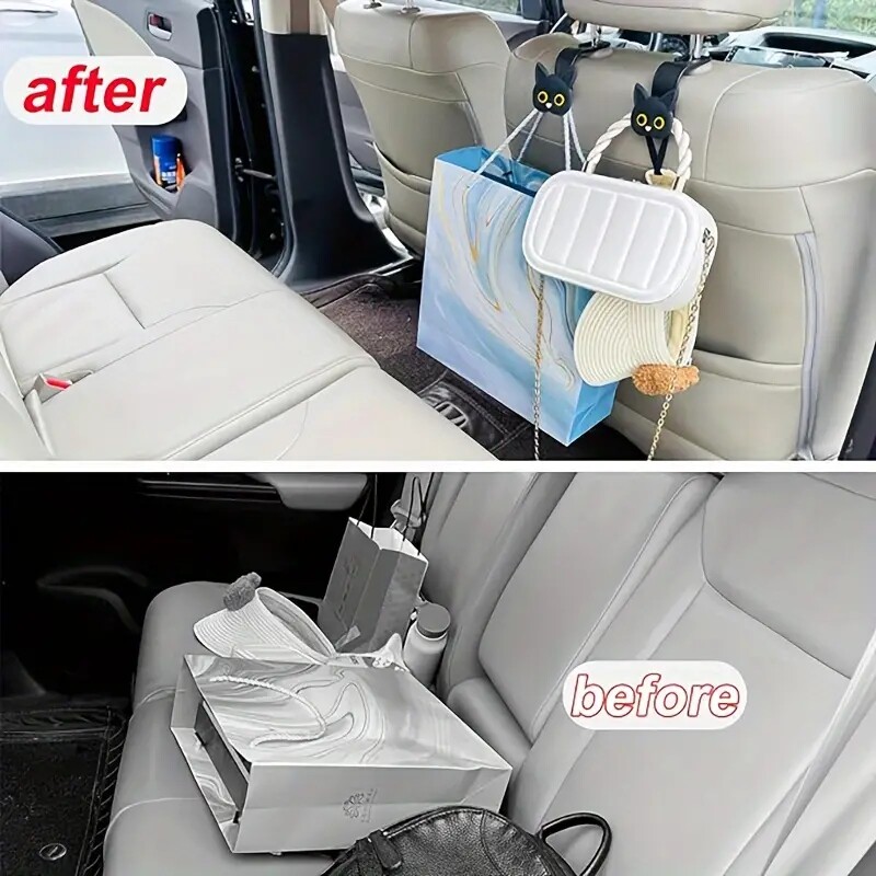 2 bucăți cârlige adorabile pentru tetieră pentru scaunul de mașină cu pisică din desene 3D - Organizator universal de depozitare pentru vehicule pentru genți, poșete, paltoane - Ca drăguț